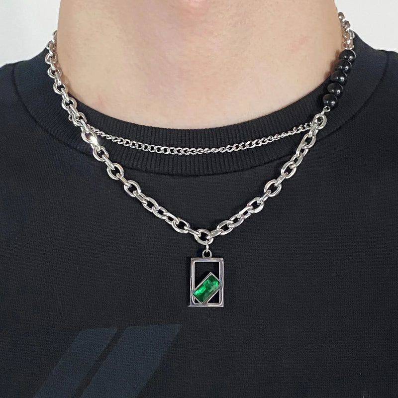 Vnox Unisex Necklaces, Silver Color Rolo Cuban Link Chain, Black Beaded Women Men Collar with Geometric Rectangle Pendant Charm