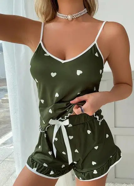 2Pcs/set plus size sleeveless pyjamas ice silk summer camisole college students homewear printed tops shorts ladies pyjamas youn