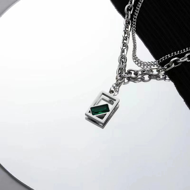 Vnox Unisex Necklaces, Silver Color Rolo Cuban Link Chain, Black Beaded Women Men Collar with Geometric Rectangle Pendant Charm
