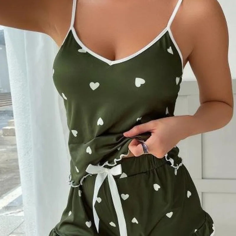 2Pcs/set plus size sleeveless pyjamas ice silk summer camisole college students homewear printed tops shorts ladies pyjamas youn