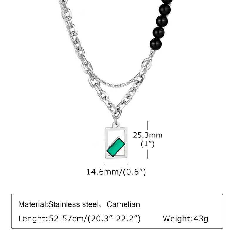 Vnox Unisex Necklaces, Silver Color Rolo Cuban Link Chain, Black Beaded Women Men Collar with Geometric Rectangle Pendant Charm