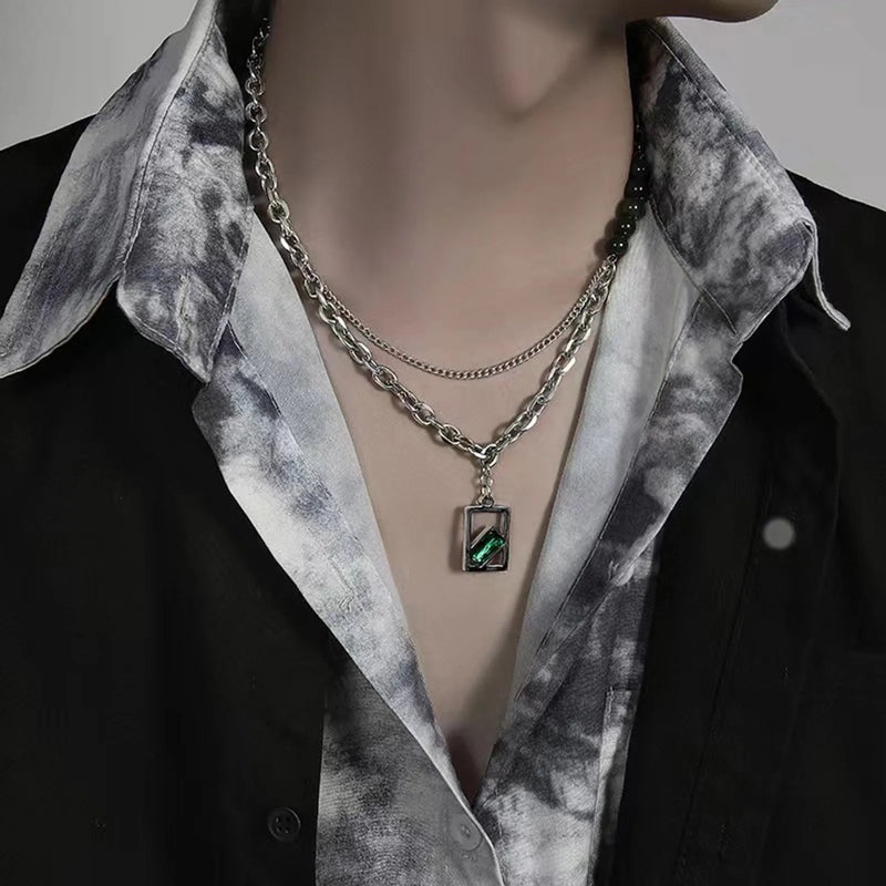 Vnox Unisex Necklaces, Silver Color Rolo Cuban Link Chain, Black Beaded Women Men Collar with Geometric Rectangle Pendant Charm