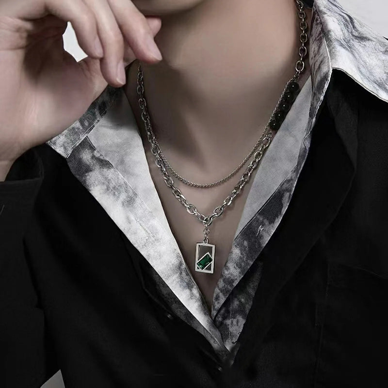 Vnox Unisex Necklaces, Silver Color Rolo Cuban Link Chain, Black Beaded Women Men Collar with Geometric Rectangle Pendant Charm