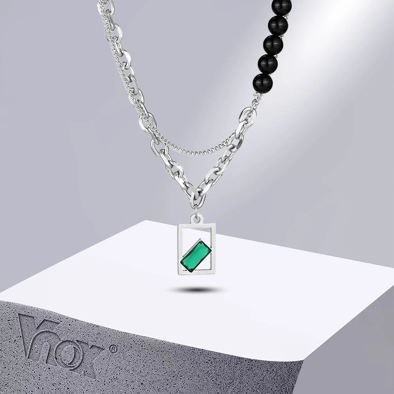 Vnox Unisex Necklaces, Silver Color Rolo Cuban Link Chain, Black Beaded Women Men Collar with Geometric Rectangle Pendant Charm
